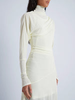 Proenza Schouler detail image of model wearing Paula Dress in Sheer Crepe Jersey in citron