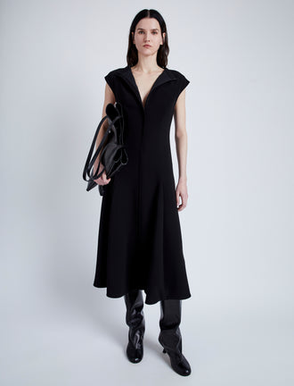 Proenza Schouler Front image of model wearing Chantal Dress in Matte Viscose Crepe in BLACK unzipped
