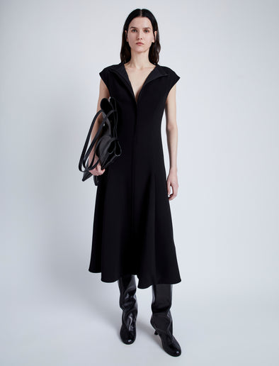 Proenza Schouler Front image of model wearing Chantal Dress in Matte Viscose Crepe in BLACK unzipped