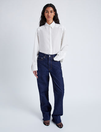 Proenza Schouler Front full length image of model wearing Demi Blouse in Stretch Silk Viscose in BONE