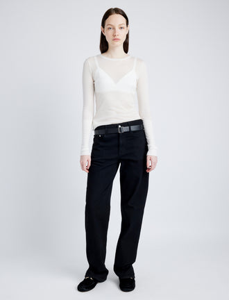 Proenza Schouler Front full length image of model wearing Kaiya Top in Sheer Slub Jersey in BONE
