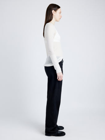 Proenza Schouler Side full length image of model wearing Kaiya Top in Sheer Slub Jersey in BONE