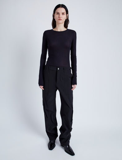 Proenza Schouler Front full length image of model wearing Kaiya Top in Sheer Slub Jersey in MIDNIGHT