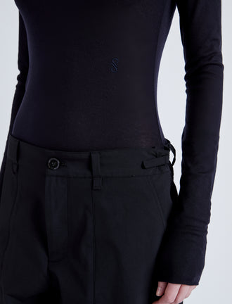 Proenza Schouler Detail image of model wearing Kaiya Top in Sheer Slub Jersey in MIDNIGHT