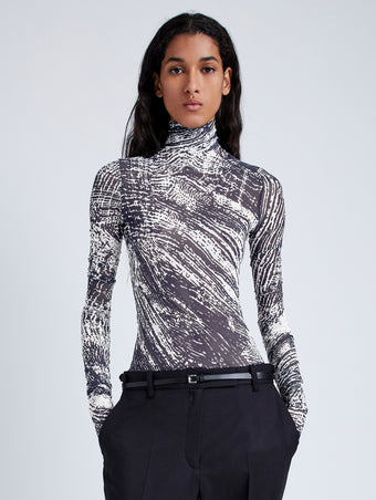Proenza Schouler Front cropped image of model wearing Rio Top in Printed Stretch Tulle Jersey in CONCRETE