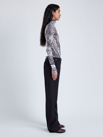 Proenza Schouler Side full length image of model wearing Rio Top in Printed Stretch Tulle Jersey in CONCRETE