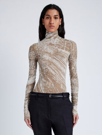 Proenza Schouler Front cropped image of model wearing Rio Top in Printed Stretch Tulle Jersey in WOOD
