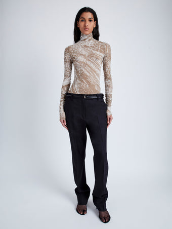 Proenza Schouler Front full length image of model wearing Rio Top in Printed Stretch Tulle Jersey in WOOD
