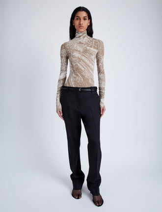 Proenza Schouler Front full length image of model wearing Rio Top in Printed Stretch Tulle Jersey in WOOD