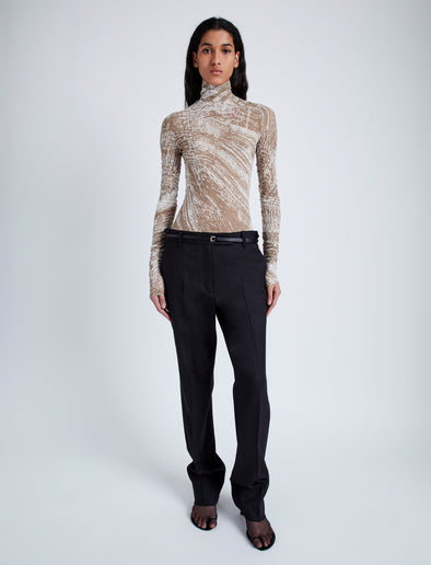 Proenza Schouler Front full length image of model wearing Rio Top in Printed Stretch Tulle Jersey in WOOD