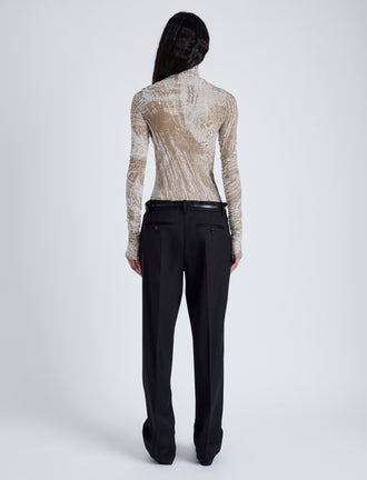 Proenza Schouler Back full length image of model wearing Rio Top in Printed Stretch Tulle Jersey in WOOD