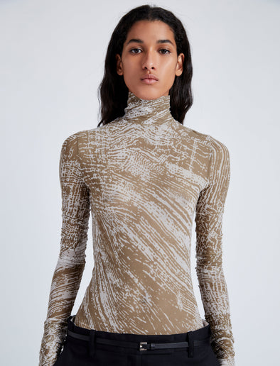 Proenza Schouler Detail image of model wearing Rio Top in Printed Stretch Tulle Jersey in WOOD