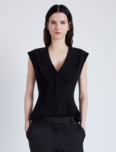 Proenza Schouler Front cropped image of model wearing Janet Top in Matte Viscose Crepe in BLACK