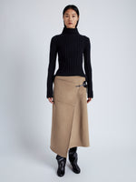 Proenza Schouler Front full length image of model wearing Aida Skirt in Brushed Melange Wool in CAMEL MELANGE