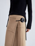 Proenza Schouler Detail image of model wearing Aida Skirt in Brushed Melange Wool in CAMEL MELANGE
