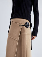 Proenza Schouler Detail image of model wearing Aida Skirt in Brushed Melange Wool in CAMEL MELANGE