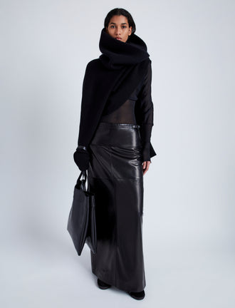 Proenza Schouler Front full length image of model wearing Adriana Skirt in Paper Leather in BLACK