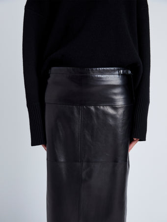 Proenza Schouler Detail image of model wearing Adriana Skirt in Paper Leather in BLACK