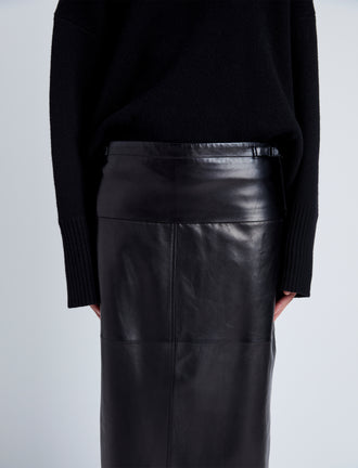 Proenza Schouler Detail image of model wearing Adriana Skirt in Paper Leather in BLACK