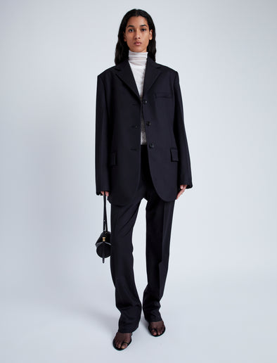 Proenza Schouler Front full length image of model wearing Teddy Pant in Wool Twill Suiting in BLACK