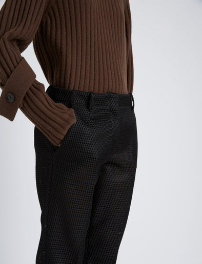 Proenza Schouler Detail image of model wearing Chase Pant in Technical Mesh Suiting in BLACK