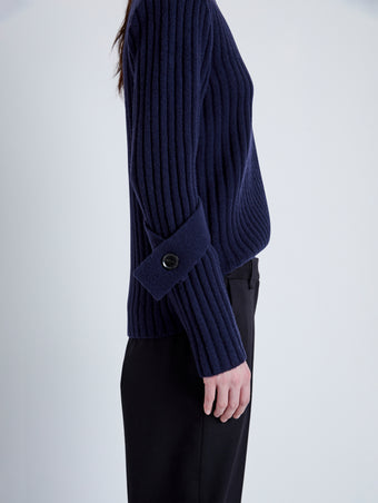 Proenza Schouler Detail image of model wearing Verona Sweater in Midweight Cashmere Rib in NAVY