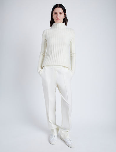 Proenza Schouler Front full length image of model wearing Haven Sweater in Midweight Cashmere Rib in BONE