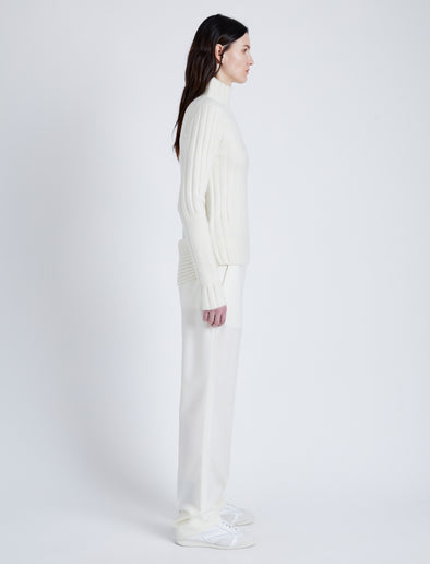 Proenza Schouler Side full length image of model wearing Haven Sweater in Midweight Cashmere Rib in BONE