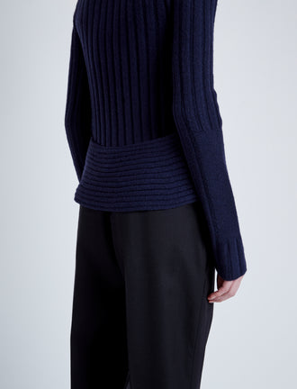 Proenza Schouler Detail image of model wearing Haven Sweater in Midweight Cashmere Rib in NAVY