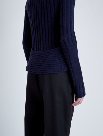 Proenza Schouler Detail image of model wearing Haven Sweater in Midweight Cashmere Rib in NAVY