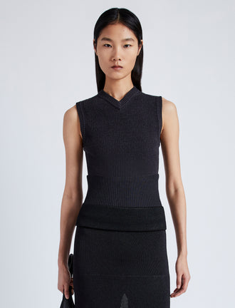 Proenza Schouler Front cropped image of model wearing Cruz Vest in Midweight Viscose Rib Knit in CHARCOAL