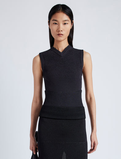 Proenza Schouler Front cropped image of model wearing Cruz Vest in Midweight Viscose Rib Knit in CHARCOAL