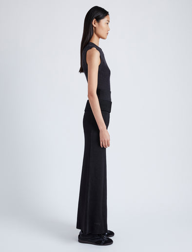 Proenza Schouler Side full length image of model wearing Cruz Vest in Midweight Viscose Rib Knit in CHARCOAL