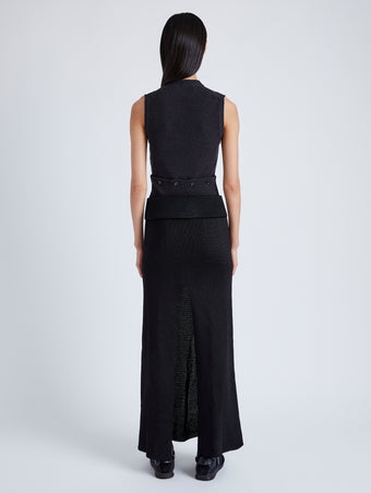 Proenza Schouler Back full length image of model wearing Cruz Vest in Midweight Viscose Rib Knit in CHARCOAL