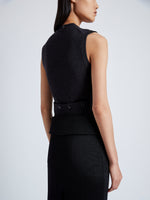 Proenza Schouler Detail image of model wearing Cruz Vest in Midweight Viscose Rib Knit in CHARCOAL