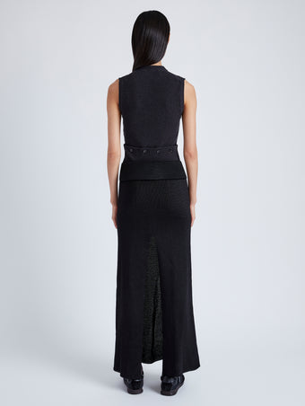 Proenza Schouler Back full length image of model wearing Avalon Skirt in Lacqured Viscose in BLACK