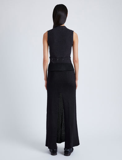 Proenza Schouler Back full length image of model wearing Avalon Skirt in Lacqured Viscose in BLACK