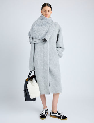 Proenza Schouler Front full length image of model wearing Albers Coat in Textured Double Face Wool in LIGHT GREY MULTI