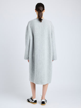 Proenza Schouler Back full length image of model wearing Albers Coat in Textured Double Face Wool in LIGHT GREY MULTI