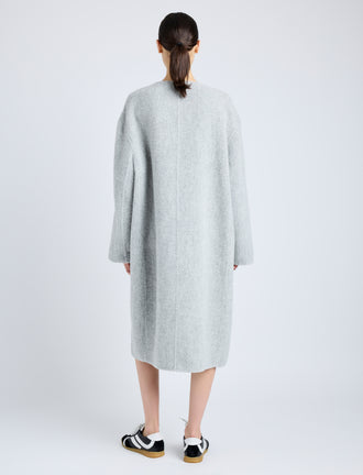 Proenza Schouler Back full length image of model wearing Albers Coat in Textured Double Face Wool in LIGHT GREY MULTI