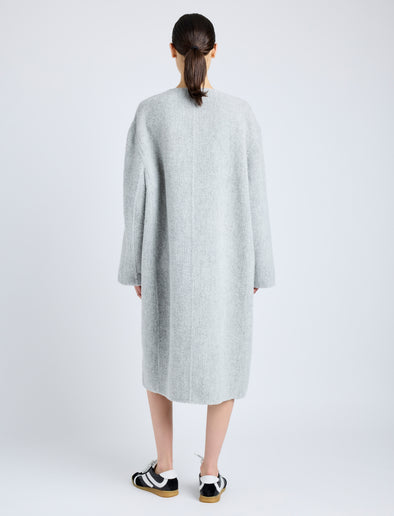 Proenza Schouler Back full length image of model wearing Albers Coat in Textured Double Face Wool in LIGHT GREY MULTI