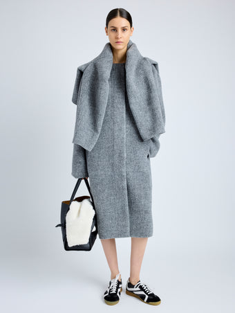 Proenza Schouler Front full length image of model wearing Albers Coat in Textured Double Face Wool in DARK GREY MULTI
