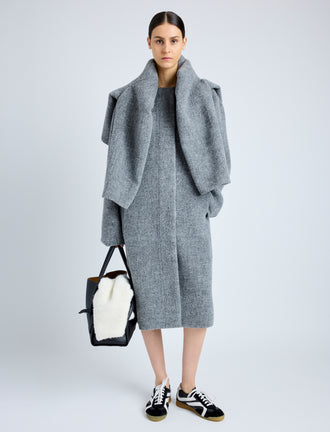 Proenza Schouler Front full length image of model wearing Albers Coat in Textured Double Face Wool in DARK GREY MULTI