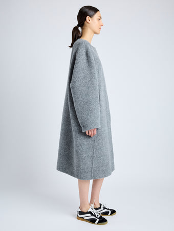 Proenza Schouler Side full length image of model wearing Albers Coat in Textured Double Face Wool in DARK GREY MULTI