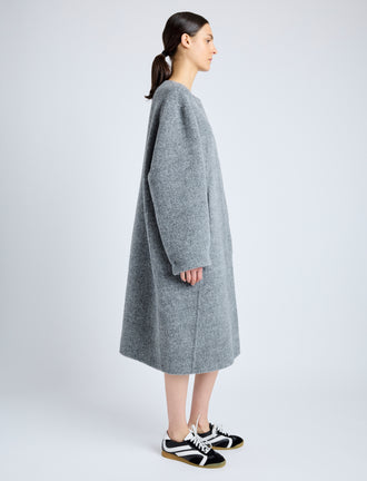 Proenza Schouler Side full length image of model wearing Albers Coat in Textured Double Face Wool in DARK GREY MULTI