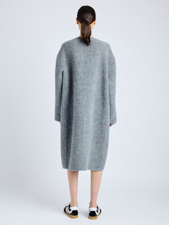 Proenza Schouler Back full length image of model wearing Albers Coat in Textured Double Face Wool in DARK GREY MULTI