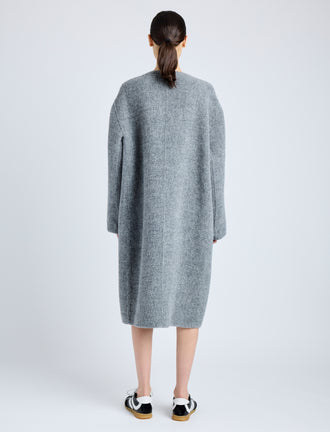 Proenza Schouler Back full length image of model wearing Albers Coat in Textured Double Face Wool in DARK GREY MULTI
