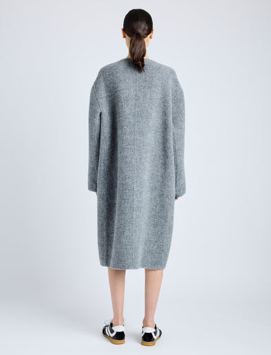 Proenza Schouler Back full length image of model wearing Albers Coat in Textured Double Face Wool in DARK GREY MULTI
