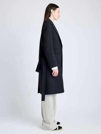 Proenza Schouler Side full length image of model wearing Thea Coat in Wool Gabardine Suiting in BLACK