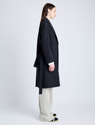 Proenza Schouler Side full length image of model wearing Thea Coat in Wool Gabardine Suiting in BLACK